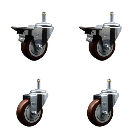 Service Caster 3.5'' Maroon Poly Wheel Swivel 7/16'' Grip Ring Stem Caster Set 2 Brakes, 4PK GR20S3514-PPUB-MRN-PLB-716138-2-S-2
